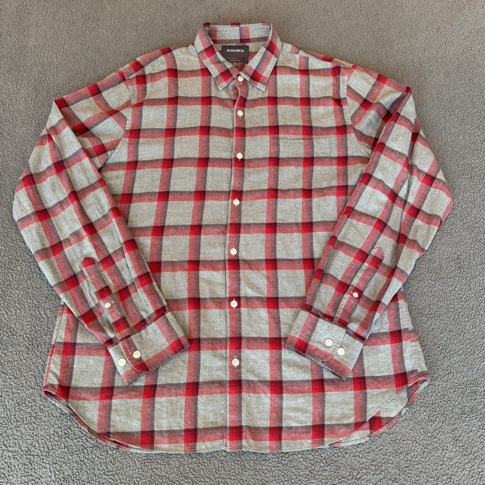 Bonobos Long Sleeve Button Up Shirt Red Gray Flannel Slim Fit 100% Cotton XL
